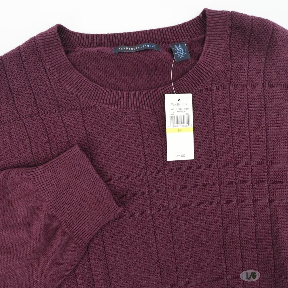 NEW Van Heusen Studio Textured Grid Sweater Burgundy Long Sleeve Mens Large $72